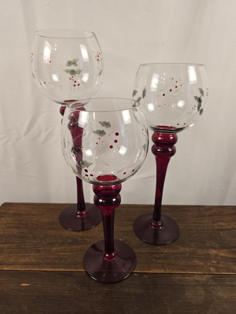 3pc Hand Painted Graduating Glass Tall Candle Holders Christmas Holly Berries