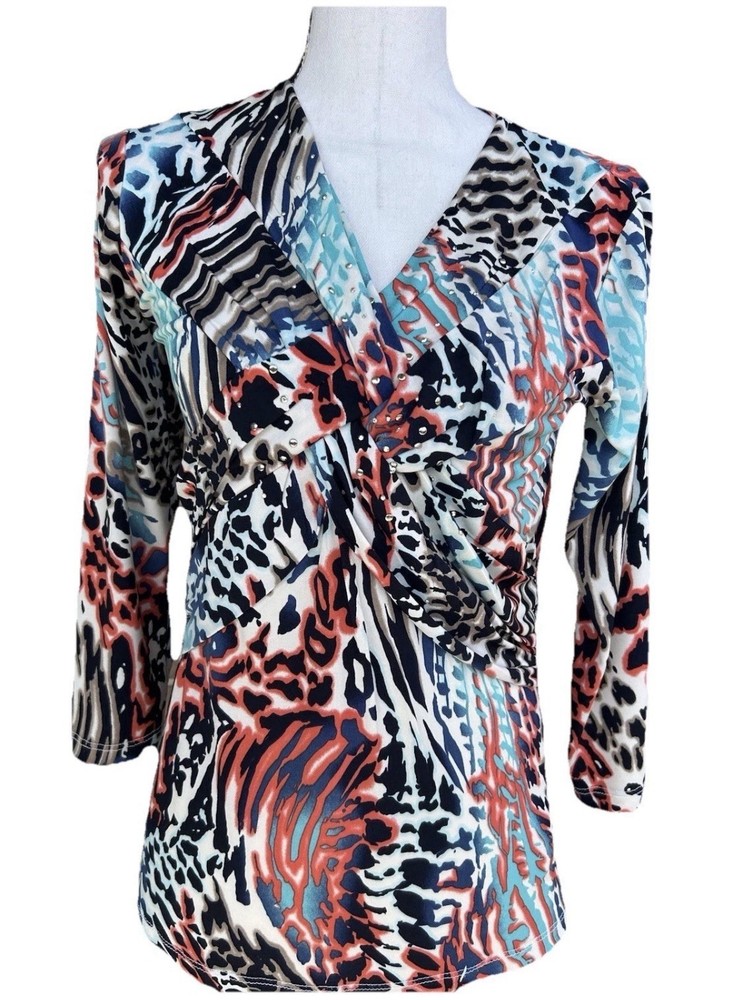 Reba Multi Animal Print Stretch V-neck Blouse Size Small