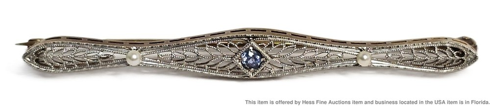Antique 14k Gold Art Deco Not Repro Sapphire Natural Seed Pearl Filigree Bar Pin
