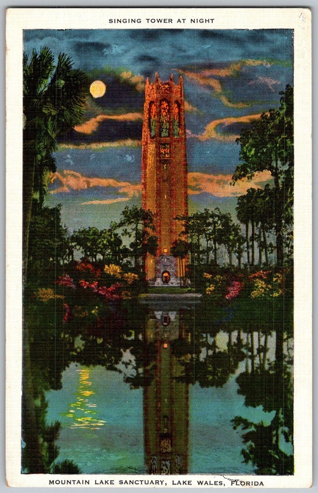 Vtg Linen Postcard Singing Tower Carillon Lake Wales, FL 1940s