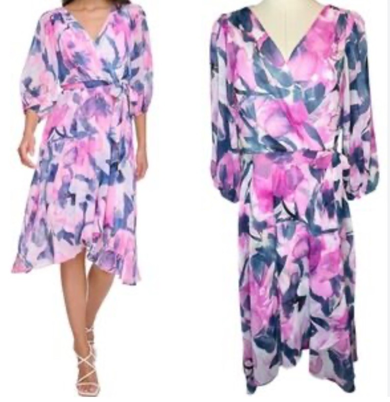 DKNY Women's Size 8 POWER PINK Floral Chiffon V Neck Tie-Waist MIDI Dress