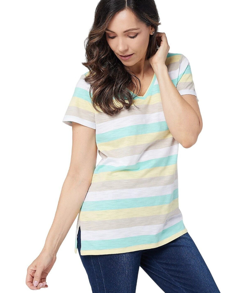 Belle by Kim Gravel Striped Heather Short Sleeve Top Aqua/Buttercup Small A39619