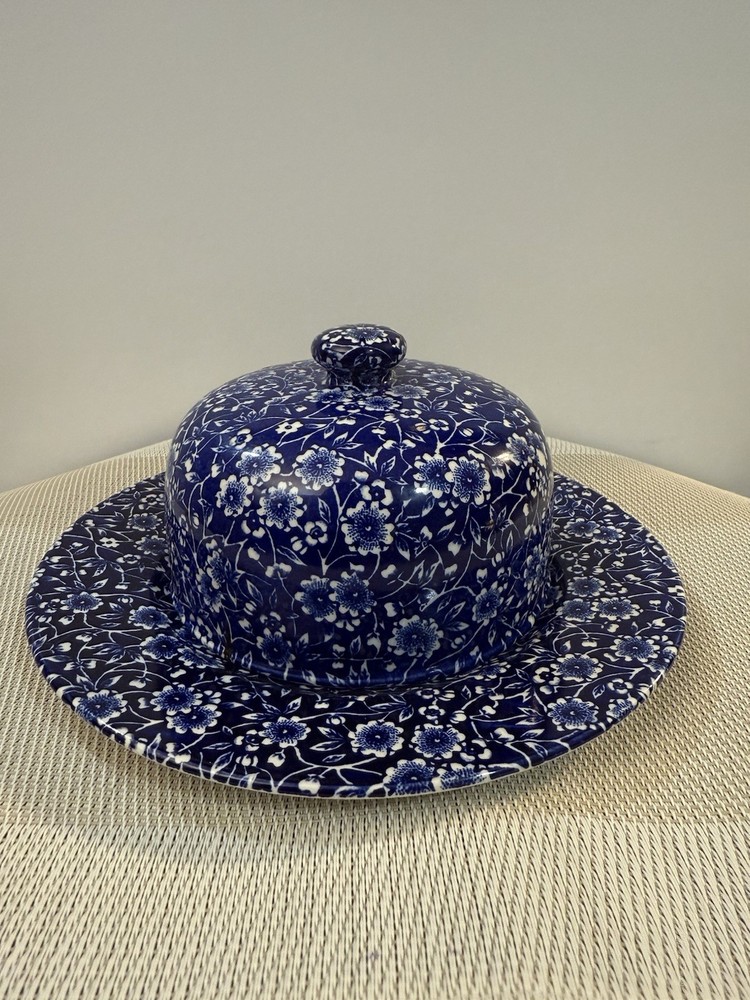 Queens England Blue Calico Chintz Round Cheese Dish w Underplate