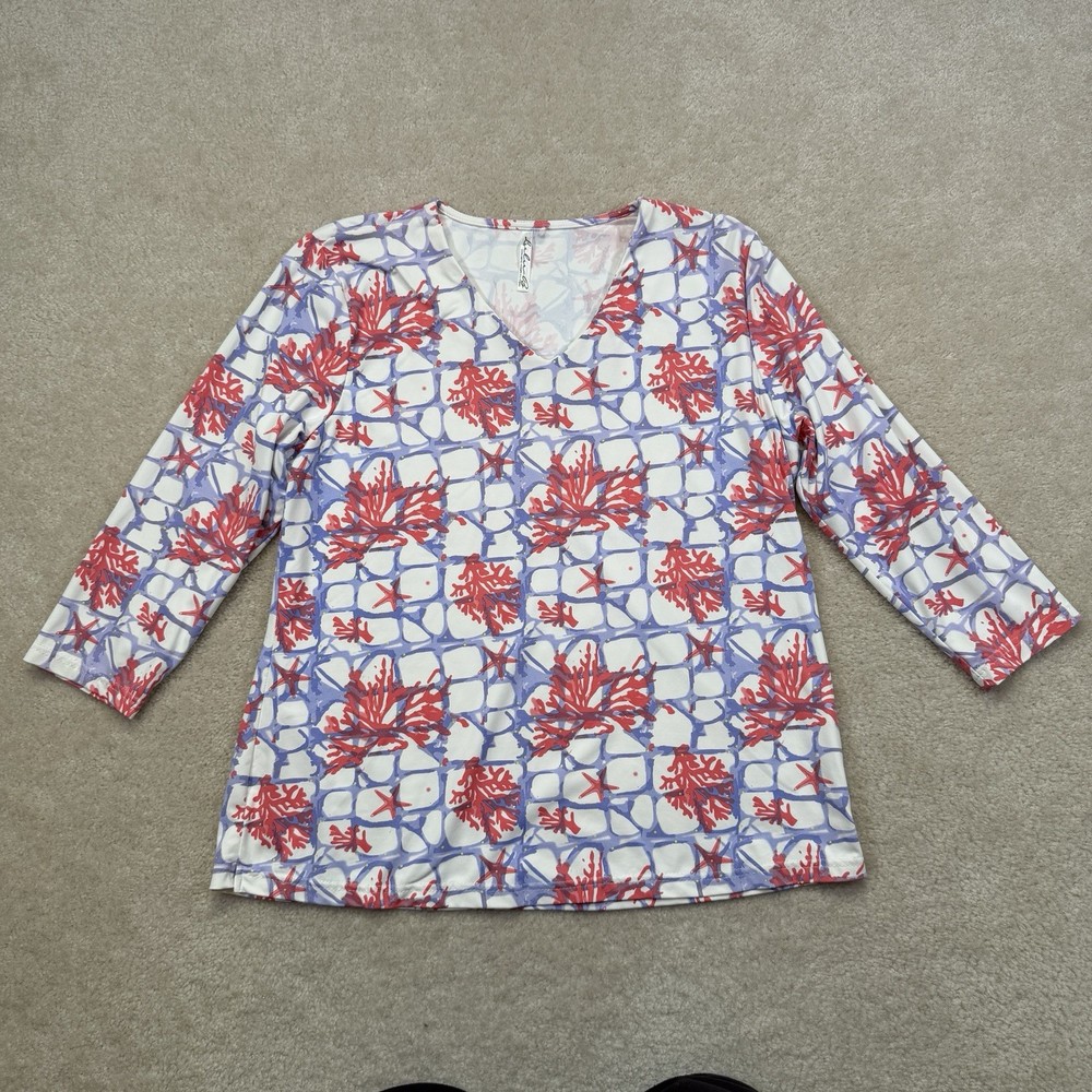 Lulu-B Coral Starfish Top Womens Large White 3/4 Sleeve UPF50+ Stretch Coastal