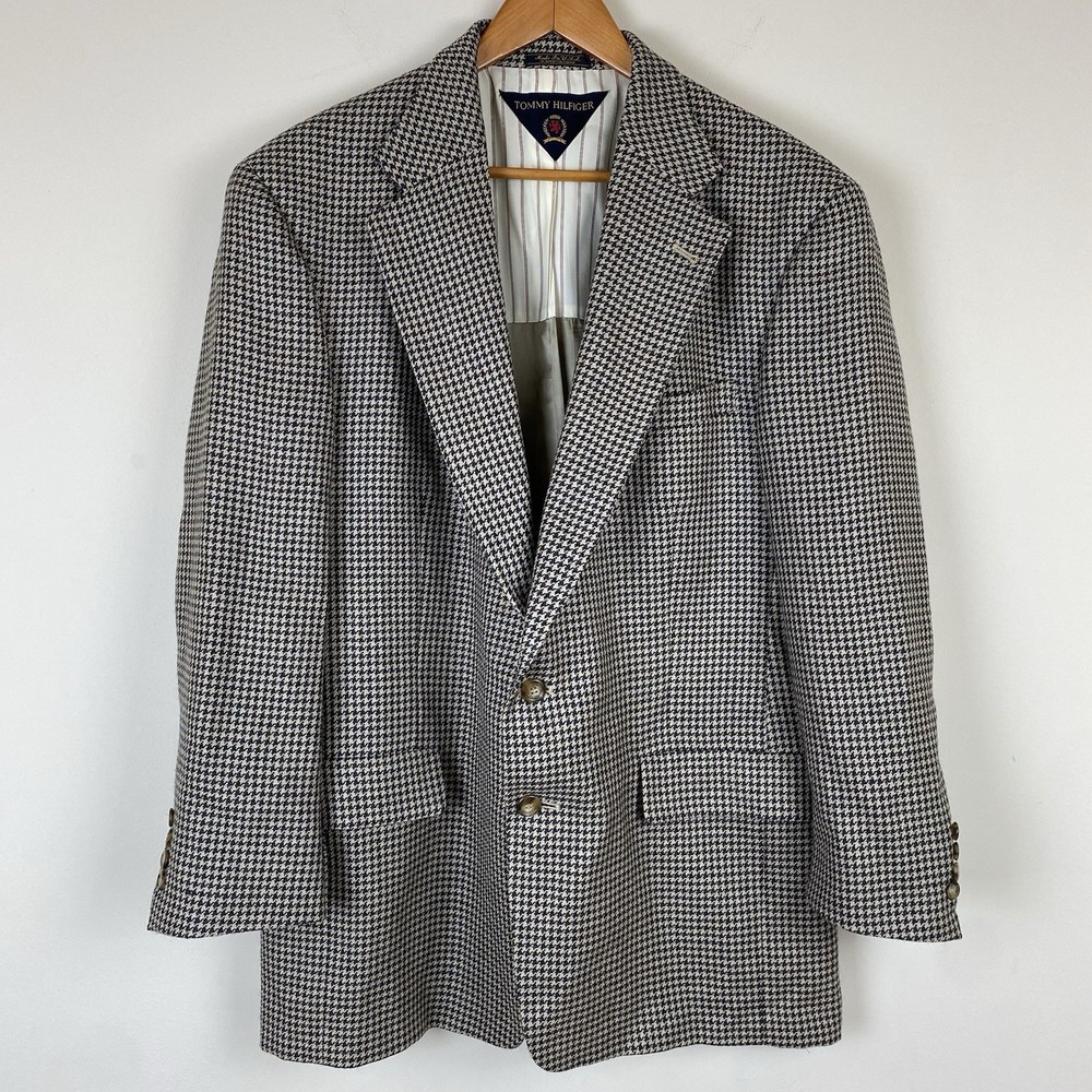 Vintage 90s Tommy Hilfiger Houndstooth Black Tan Two-Button Blazer Size 44R Work