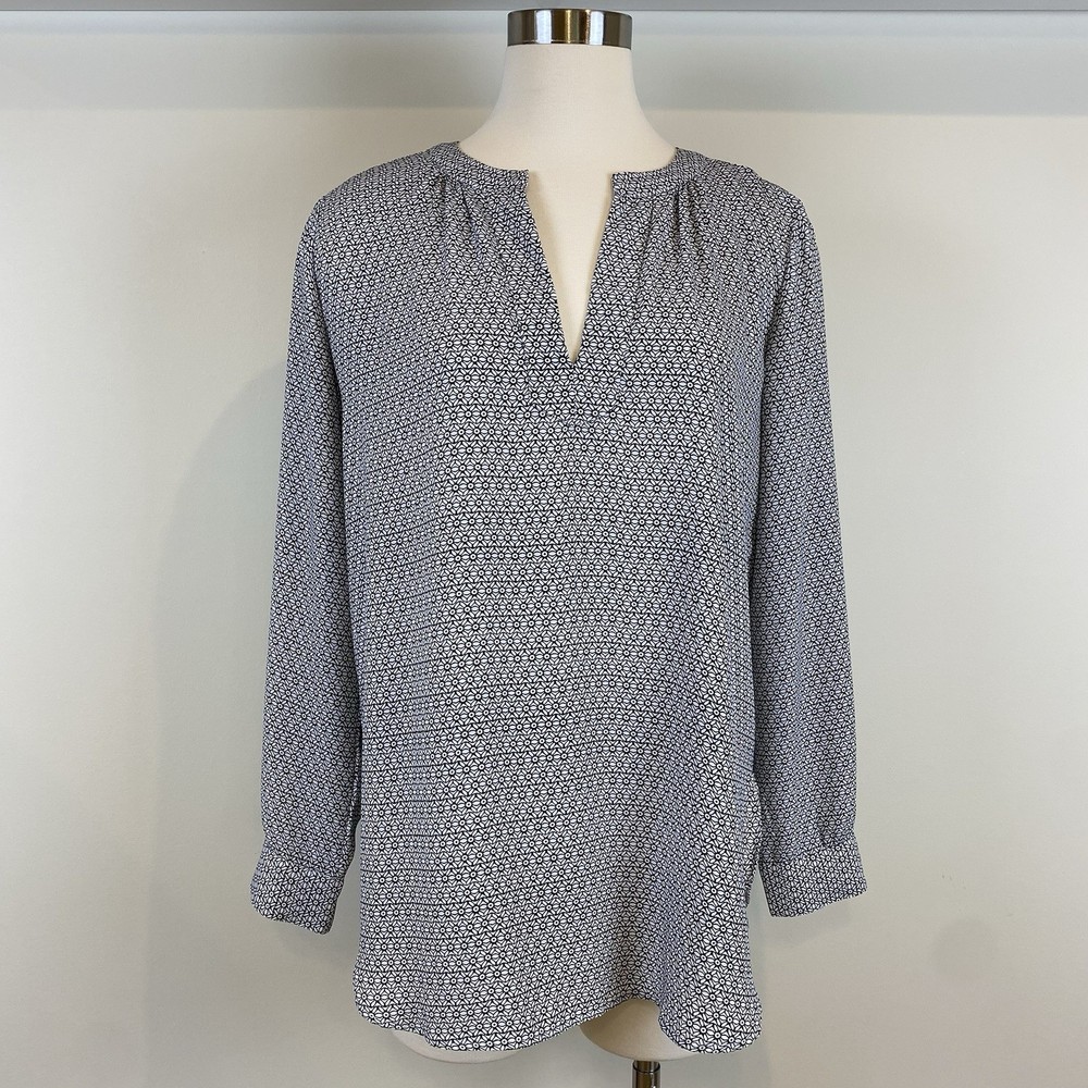 Ann Taylor Loft Black & White Geometric Blouse Split Neck Long Sleeve Sz S Light