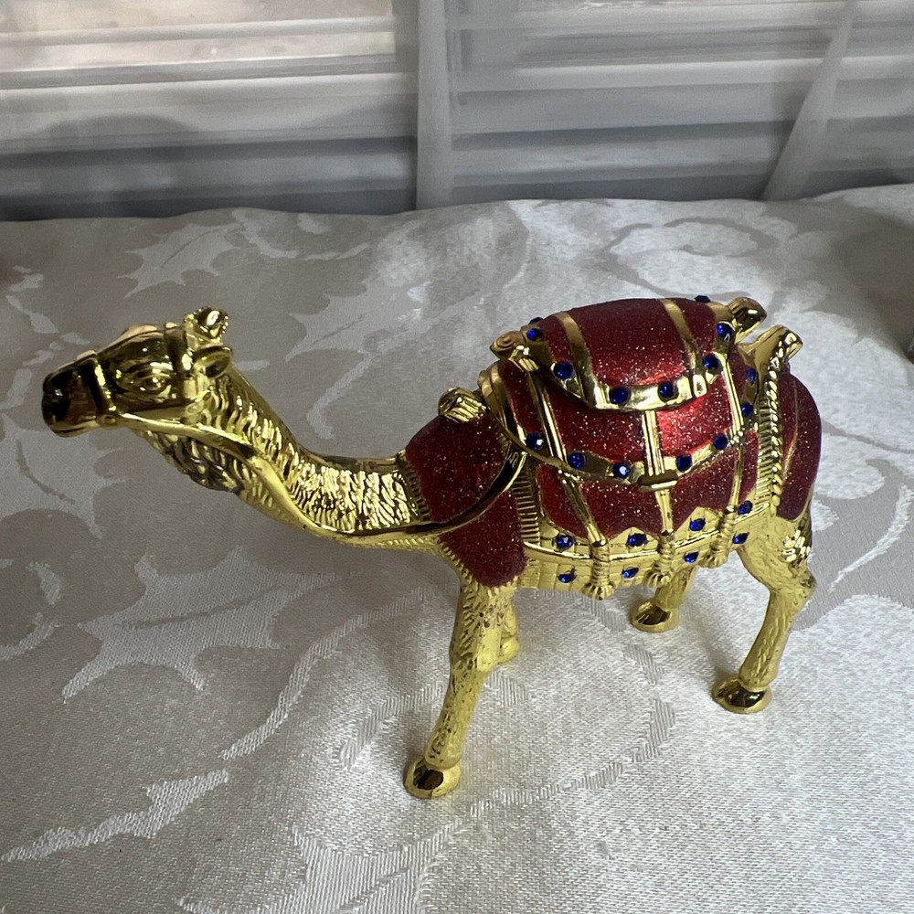 Decorative Metal Camel Figurine Ashtray Hinged Lid Gold tone Color W/BlueAccents