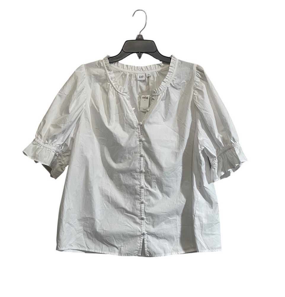 NWT Gap Women Top XL White Puff Sleeve Button Front Ruffle V-Neck