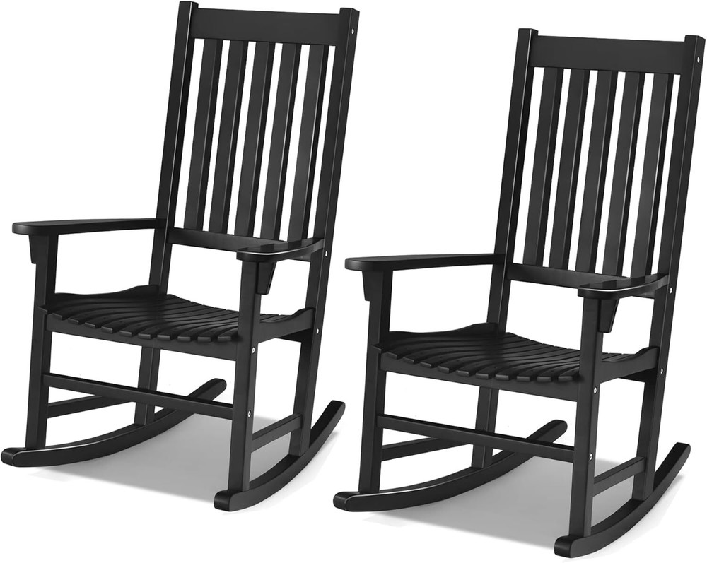 Acacia Wood Porch Rocking Chair Set with High Back Support-image
