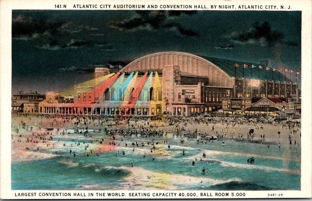Atlantic City Auditorium Convention Hall Night Linen Postcard Vintage
