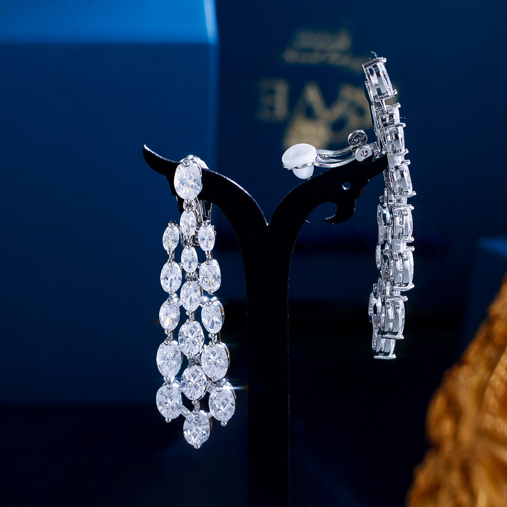 Long Leaf Drop Clip On Ear CZ Non Pierced Earrings Women Silver Plated Jewelry