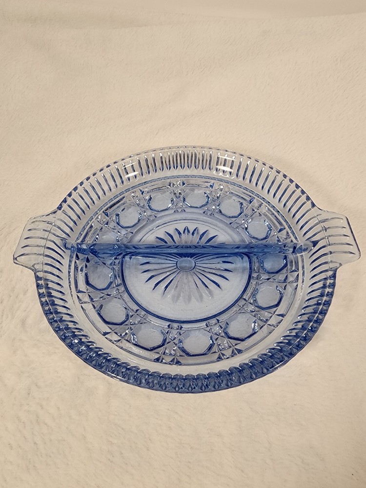 Vintage Federal Glass Windsor Blue Glass Divided Relish Candy Serving Dish Round