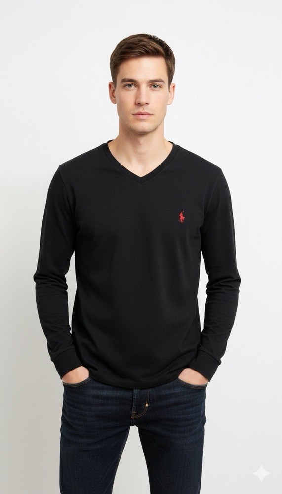 Polo Ralph Lauren Men Long Sleeve T-shirt L Classic Fit Black V Neck Jersey