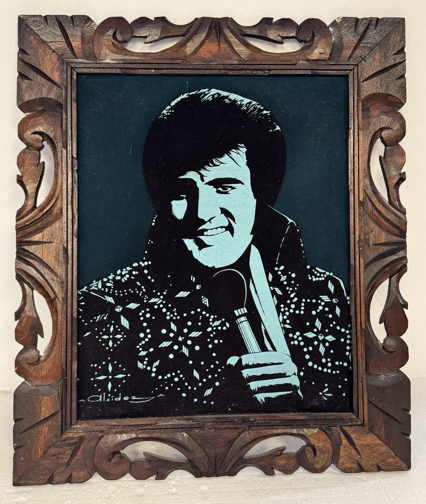 Vintage Elvis Velvet Painting-Wooden Frame-Mexico-Artist Signed