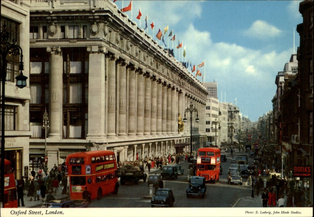 London England Oxford Street double decker bus map vintage postcard sku161