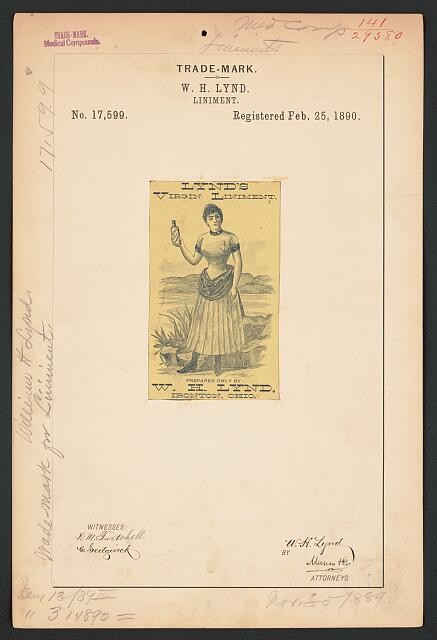 Photo:W H Lynd Virgin Liniment Trademark Registration 1890