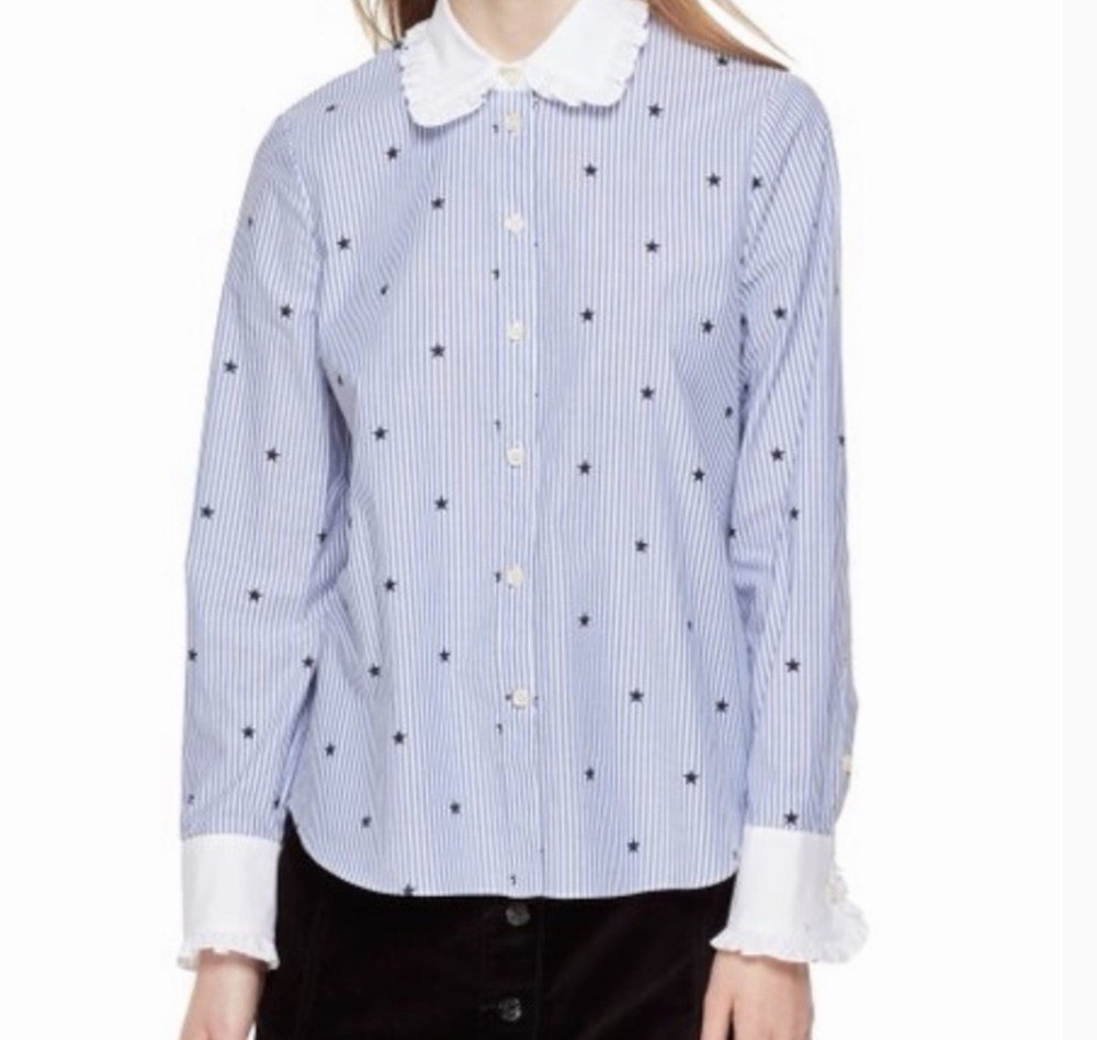 Kate Spade New York Women’s M Blue White Striped Star Ruffle Button-Up