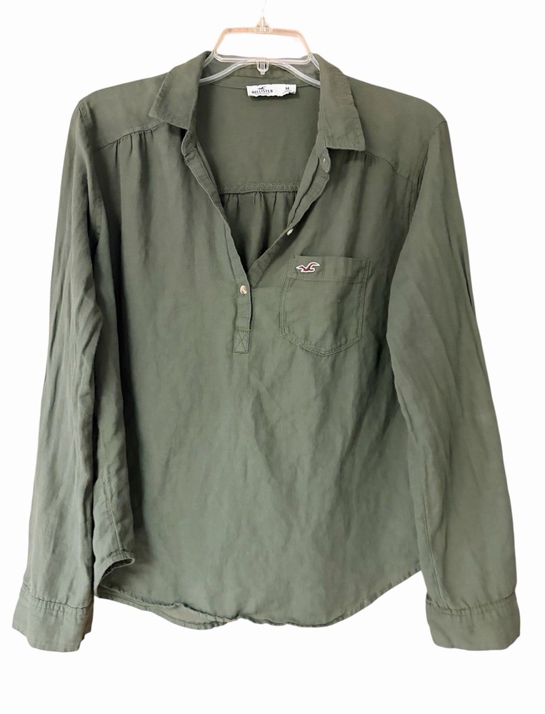 Women’s Hollister Button-Up V-neck Shirt Top Roll Tab Sleeve Olive Green Medium
