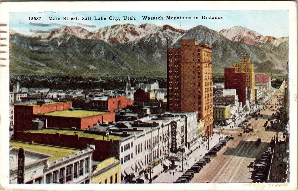 Salt Lake City UT-Utah Main Street Wasatch Mountains in Distance Old Postcard