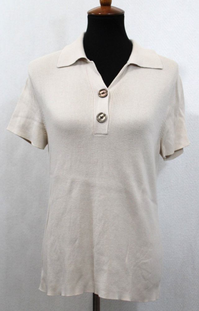 Ann Taylor Cream Ribbed Polo Top Short Sleeve Sz XL Collared Pullover