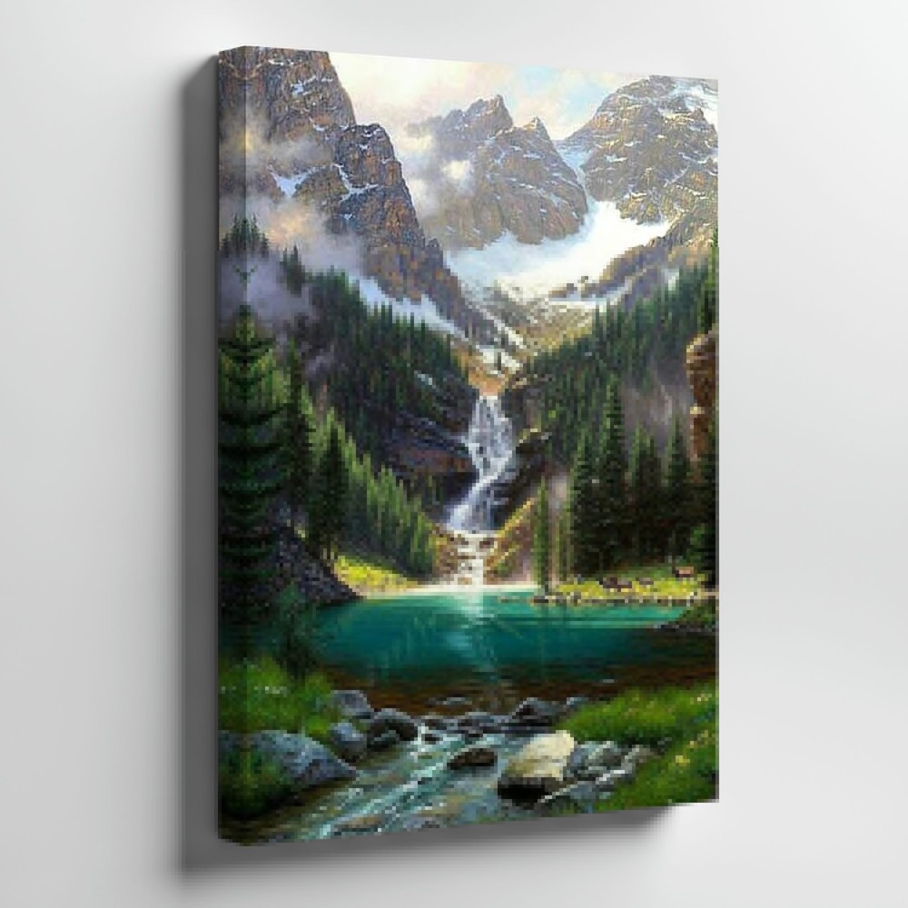 Mountain Waterfall Landscape Canvas Wall Art Pine Trees Lake Nature Canvas Print
