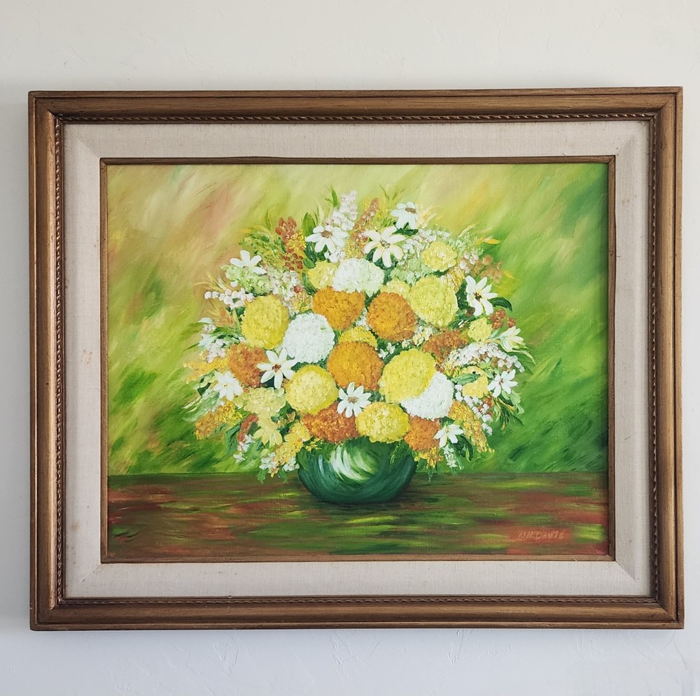 Vintage MCM O H Davis Signed Floral Oil Painting Mums Still Life Framed 35x29