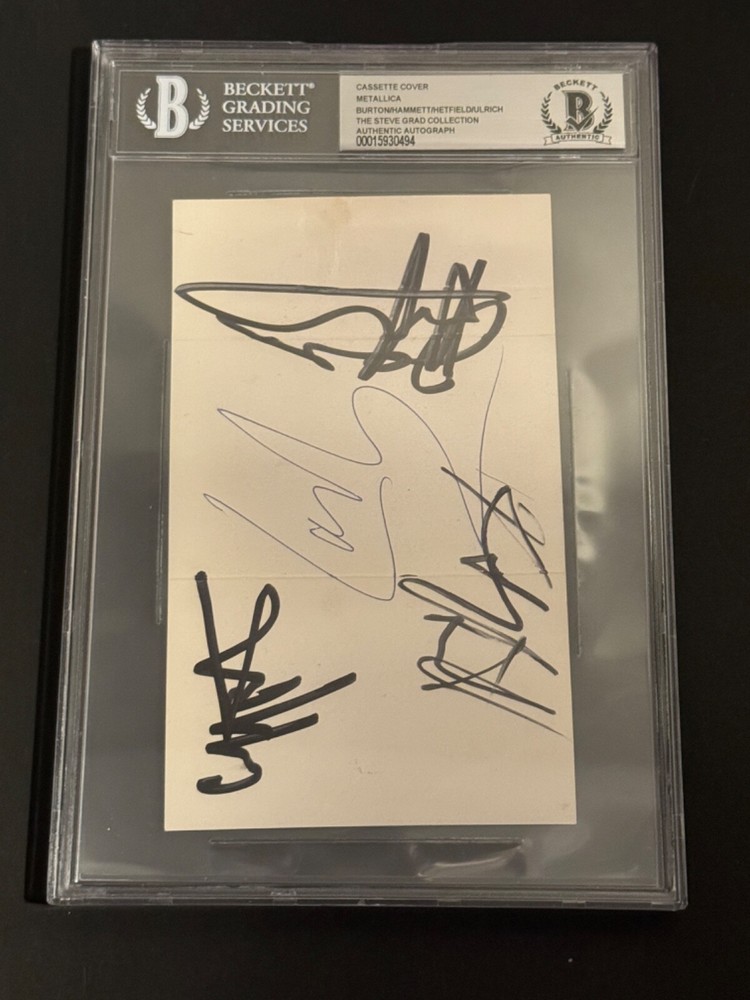 METALLICA - SIGNED RIDE THE LIGHTNING CASSETTE COVER - BURTON, HETFIELD +2 BAS