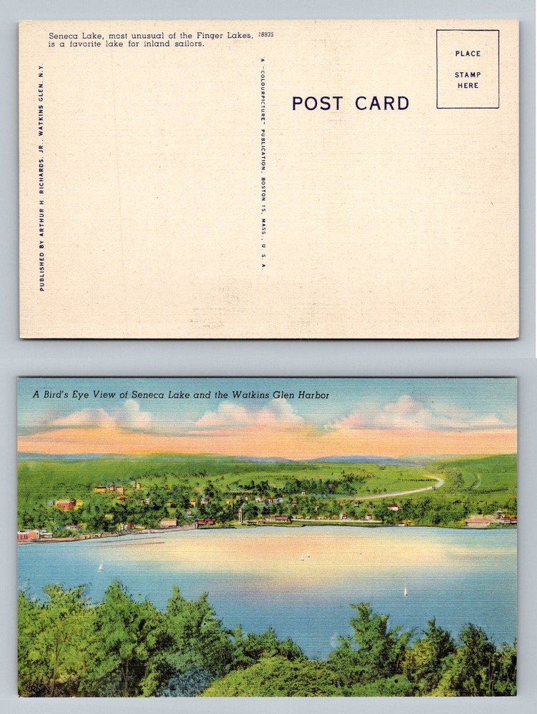 Watkins Glen, NY-New York, Birdseye Seneca Lake Scenic Harbor Vintage Postcard