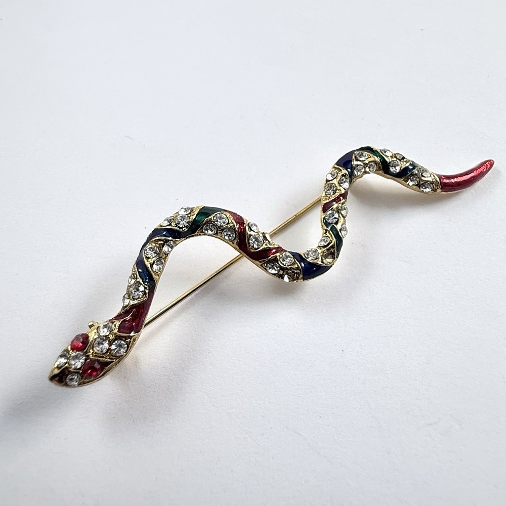Vintage 90s to More Modern Multi Color Rhinestone Snake Brooch Gold Tone
