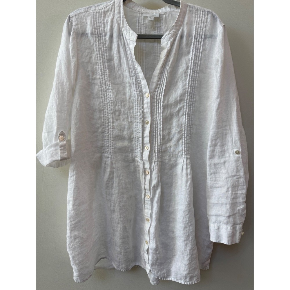 J Jill Womens Linen Tunic Top White Pintuck Roll Tab Size L Coastal Beach Resort
