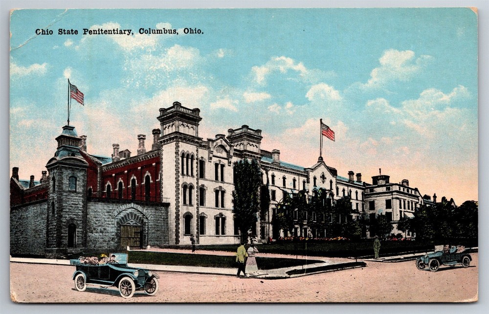 Ohio State Penitentiary Street Level View Old Cars Columbus C1925 Postcard K20