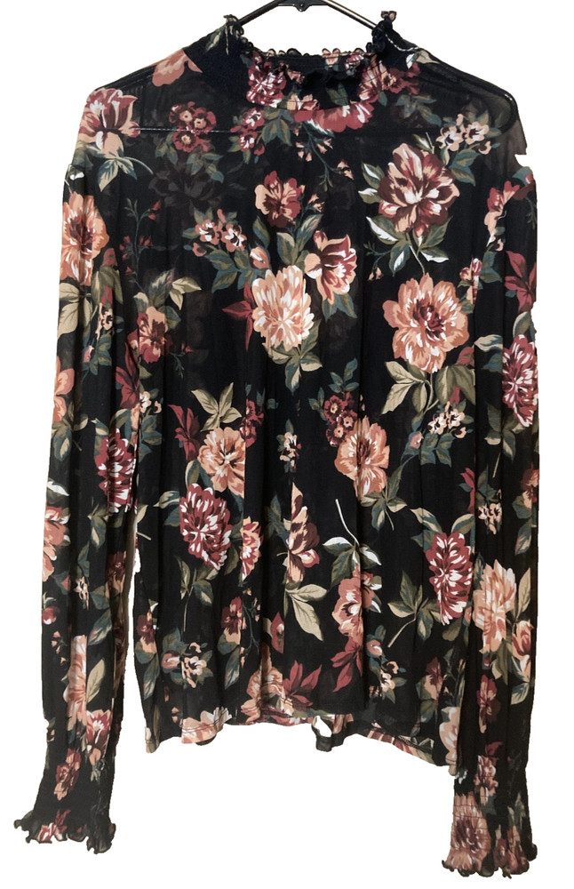 Ambiance Floral Print Sheer Long Sleeve Blouse Women's size 3X Black/Multicolor