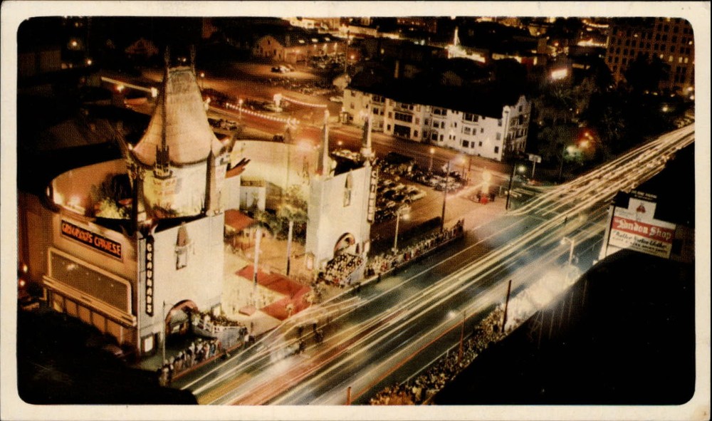 California Hollywood Grauman's Chinese Theater night ~ 1950s-60s postcard sku279