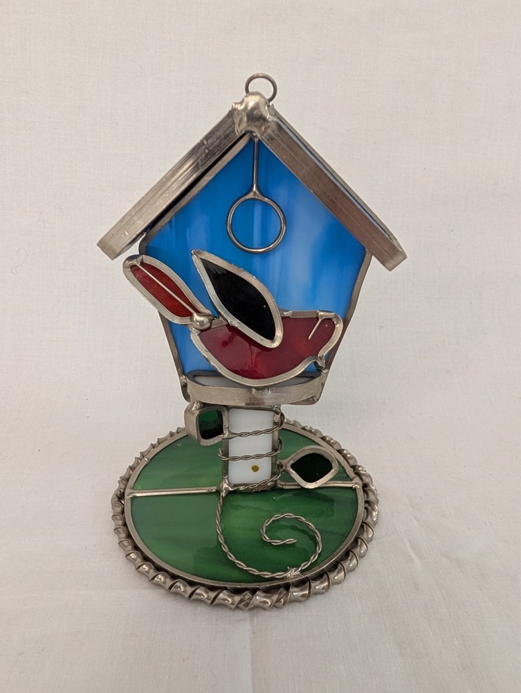 Hand Crafted Stain Glass Bird Birdhouse Figurine Paperweight Decor Cottagecore