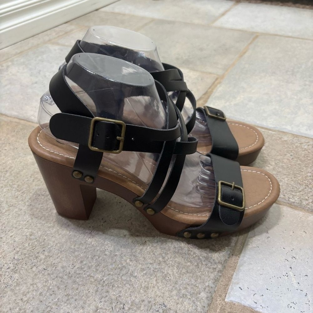 C Comfort Black Strappy Platform Chunky Heel Sandals Women’s 10
