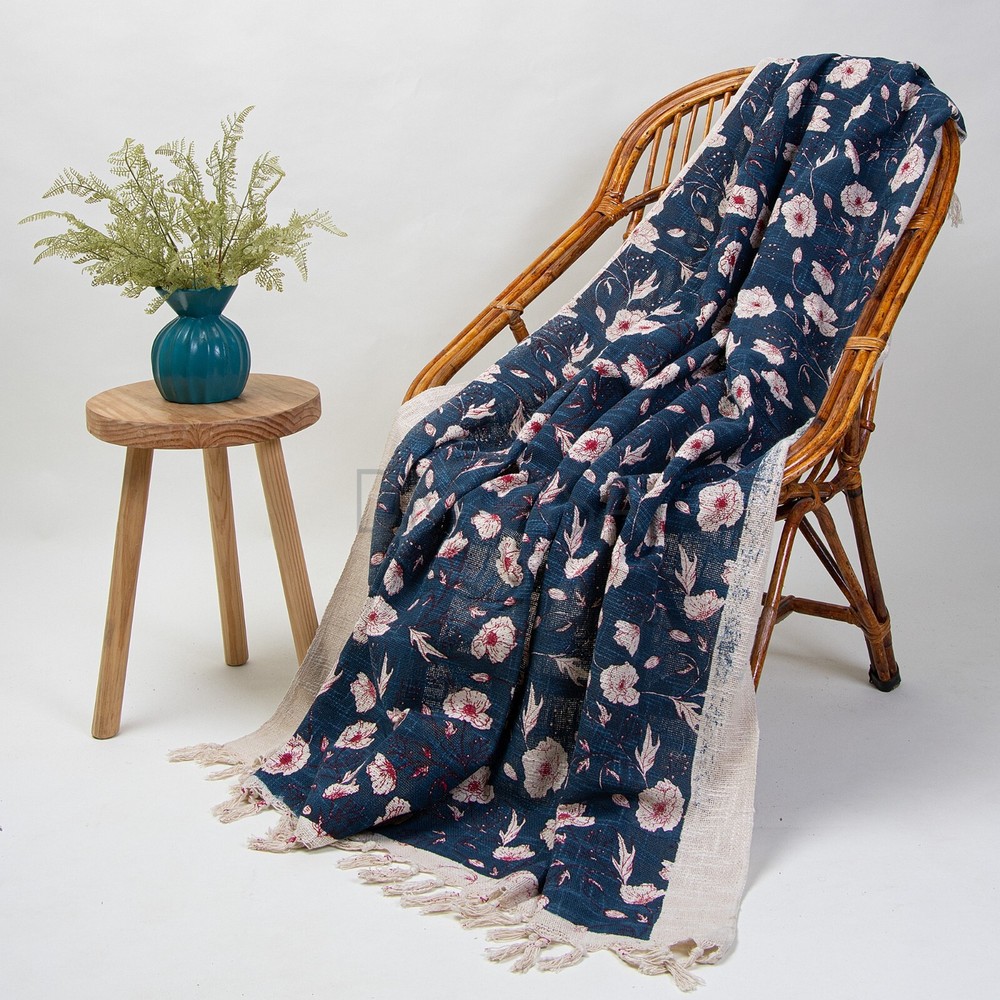 Hand Block Floral Printed Throw Blanket Handloom Indian Cotton Sofa Couch