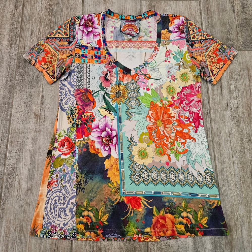 Johnny Was Janie Favorite Top Tee Shirt Womens XS Bamboo Floral Patchwork Palm