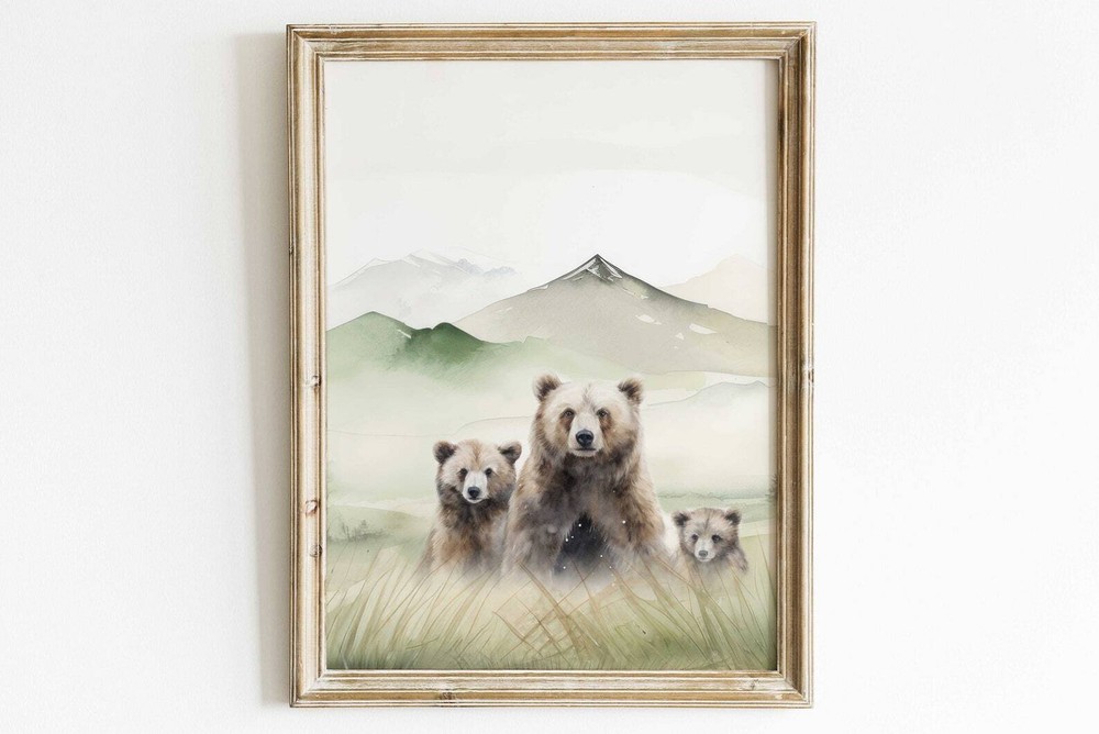 Bear Watercolor Painting Bear Family Print Watercolor Landscape Woodland Forest