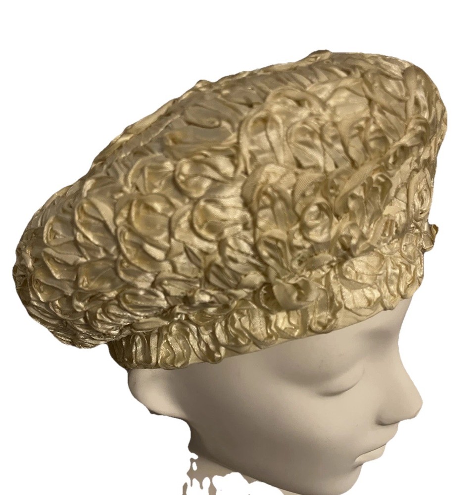 VTG Beret cocktail Hat rockabilly 60s Woven Textured ivory Joyce Dress Up 23in