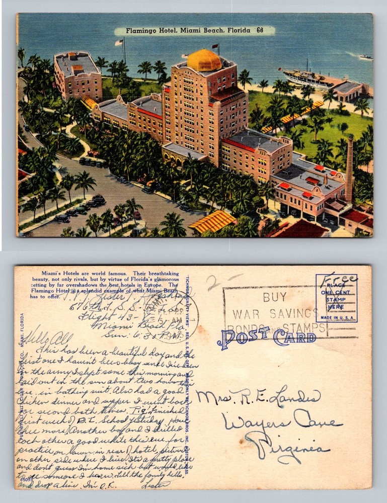 Miami Beach, FL-Florida, Aerial Flamingo Hotel Waterfront Vintage c1943 Postcard
