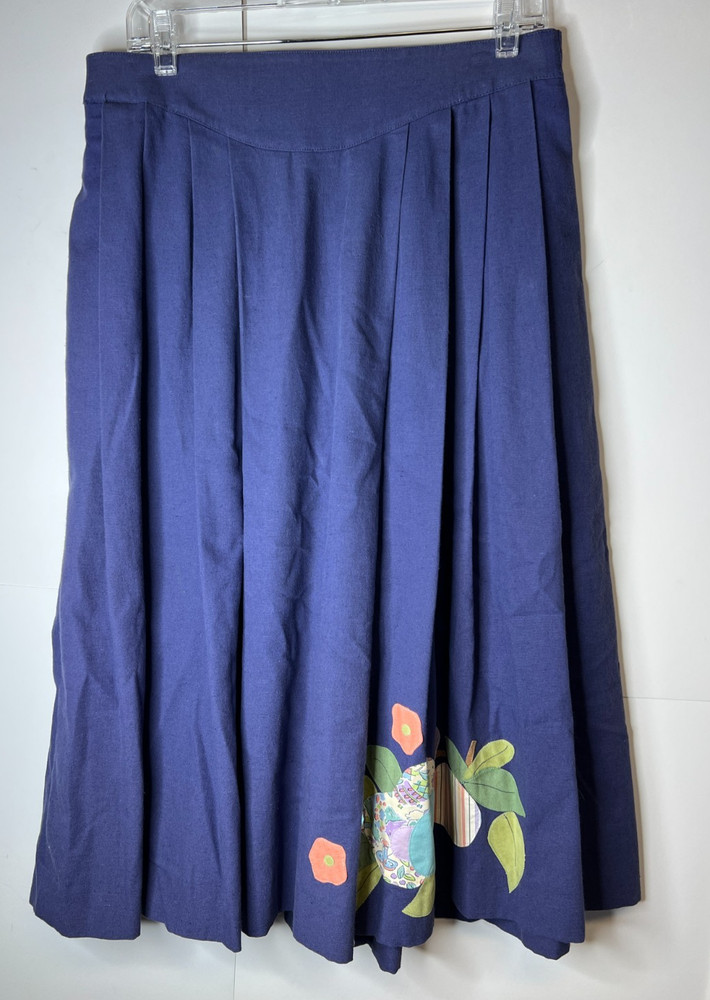 Vintage Sigikid Size Medium Purple Pleated Skirt Fruit Appliques Cotton Linen