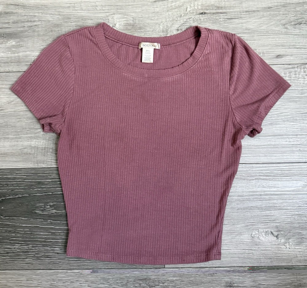 Bozzolo Purple Ribbed Knit Cropped Short Sleeve Top Women Size S