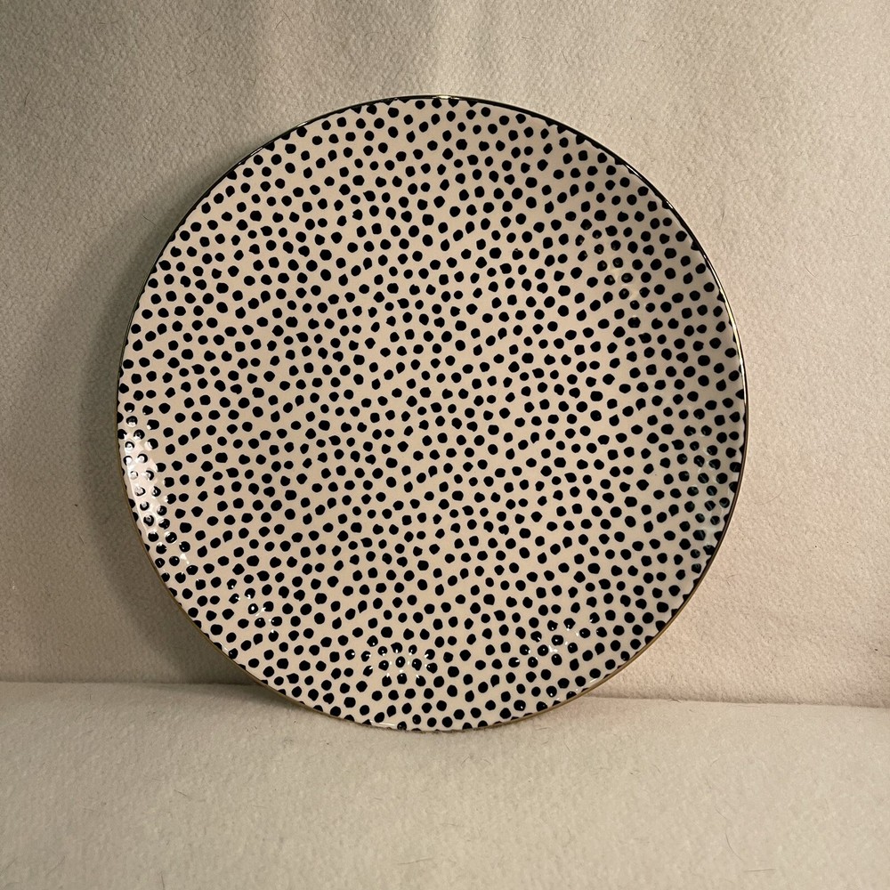 Thyme & Table Stoneware Salad/ Dessert Plate Black & White Dot W/ Gold Rim
