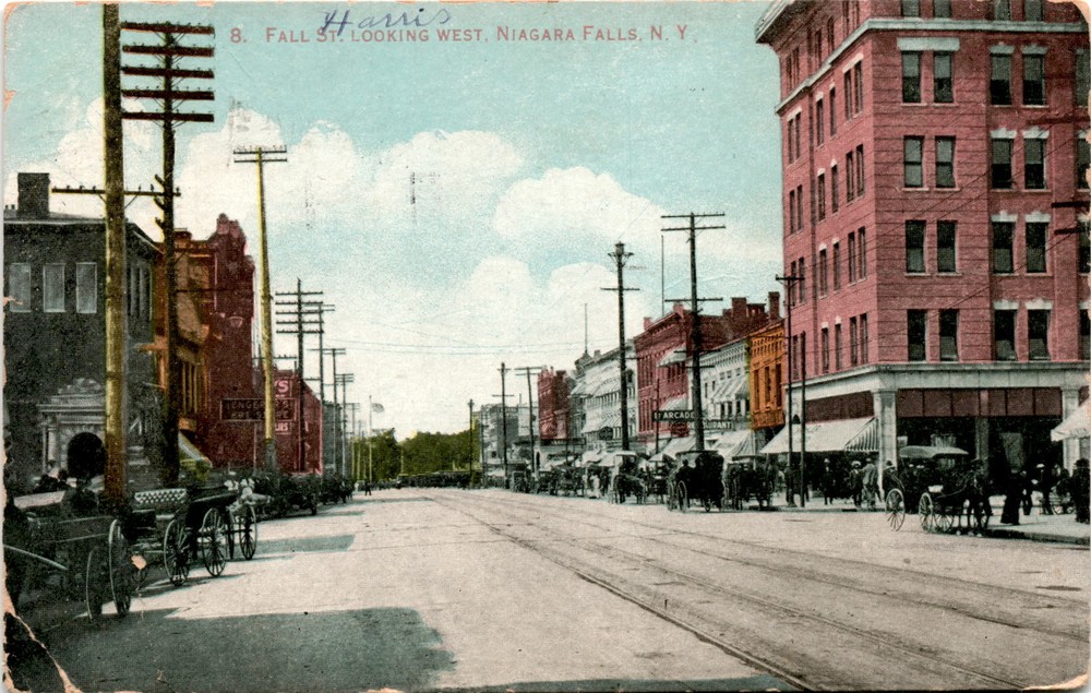 NIAGARA FALLS, N. Y, FALL ST., ARCADE GARA, BRIDGE Postcard