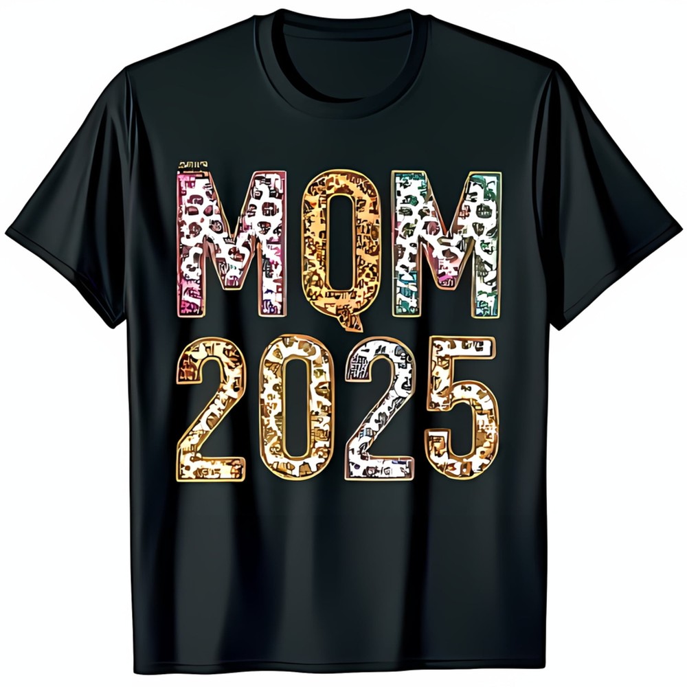 Stylish Black T-Shirt with Colorful Print MOM 2025 Design