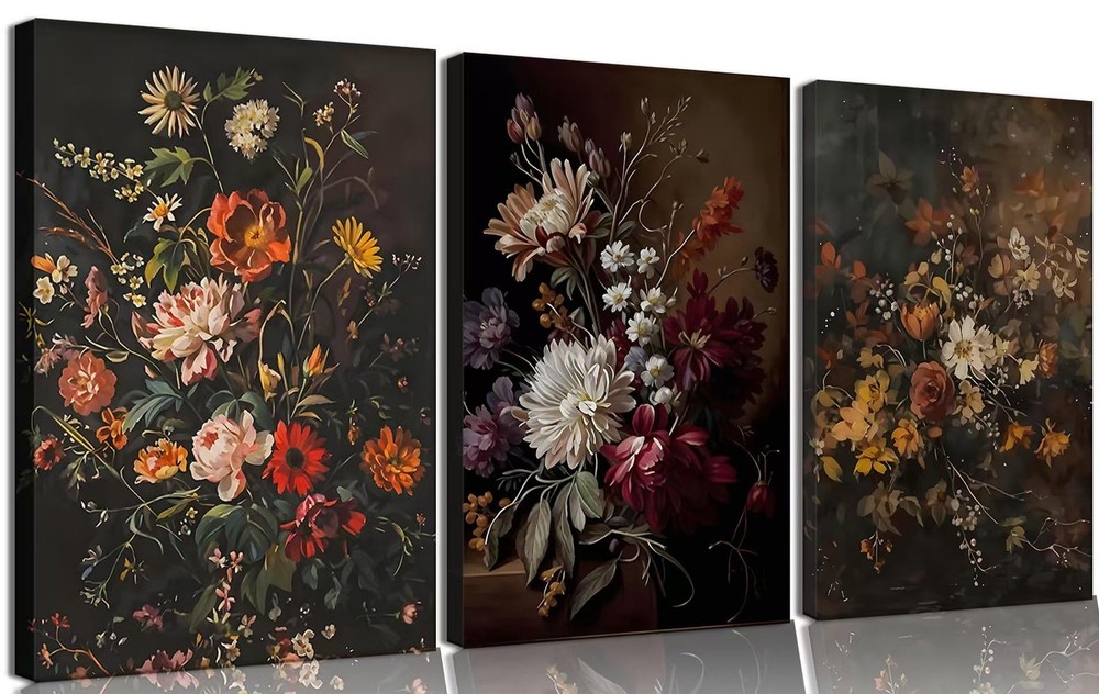 Framed 3Pcs Dark Floral Canvas Wall Art Set Moody Flower Prints Vintage Botan...