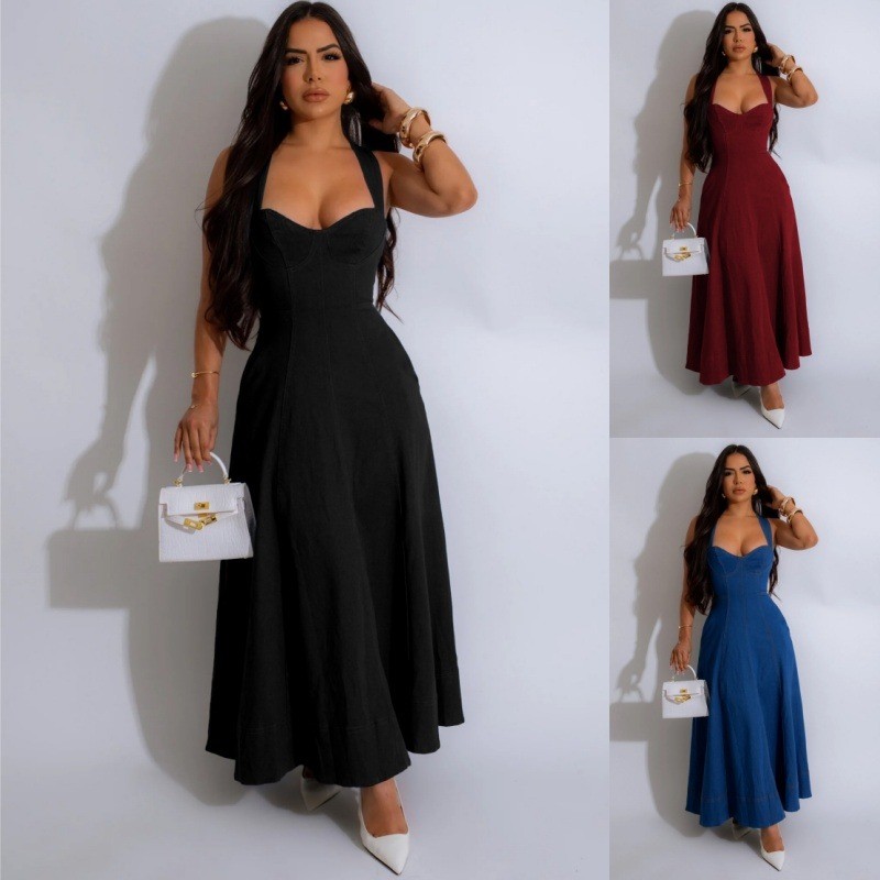 Womens Denim Sexy Strap Flowy Maxi Jean Dress Sleveless Long Strapless Dresses
