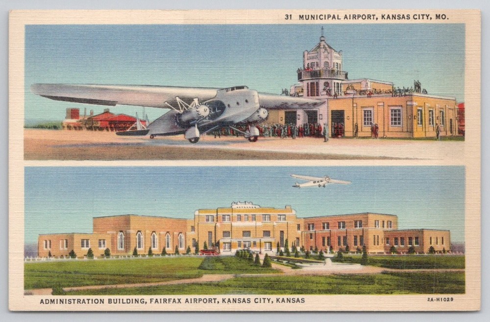 Kansas City MO KS Municipal & Fairfax Airports Curt Teich Linen Postcard