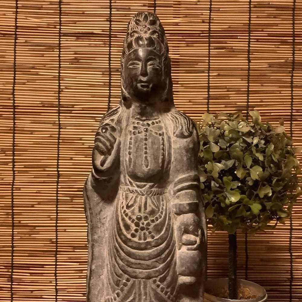 Antique Buddha Large Stone Statue 12.6 in Guanyin 19Th C Buddhism Altar Figurine