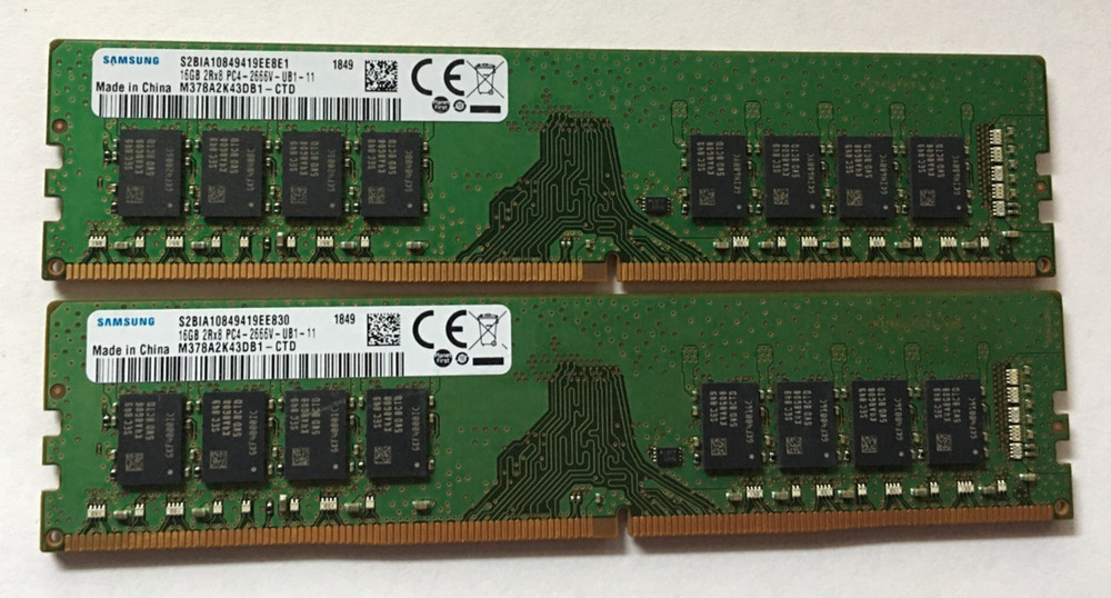 Lot of 2 Samsung 16GB 2Rx8 PC4-2666V-UB1-11, DDR4 DIMM Desktop Memory, 1849